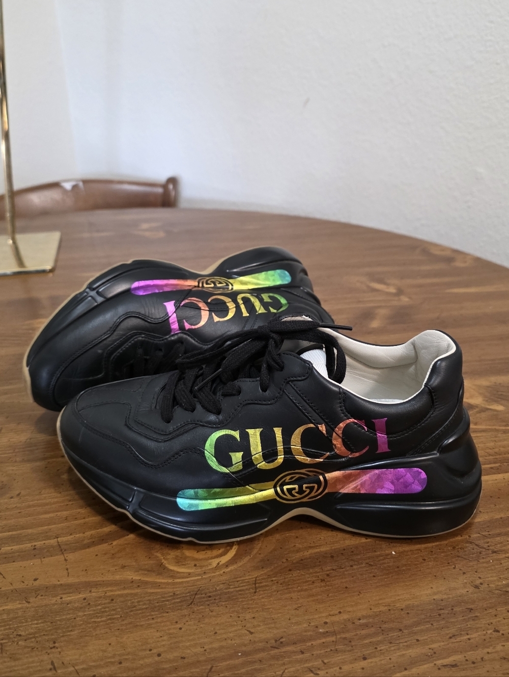 Gucci Rython Womens 7.5 Black Leather  Sneaker  Rainbow Logo Accent With C.O.A.